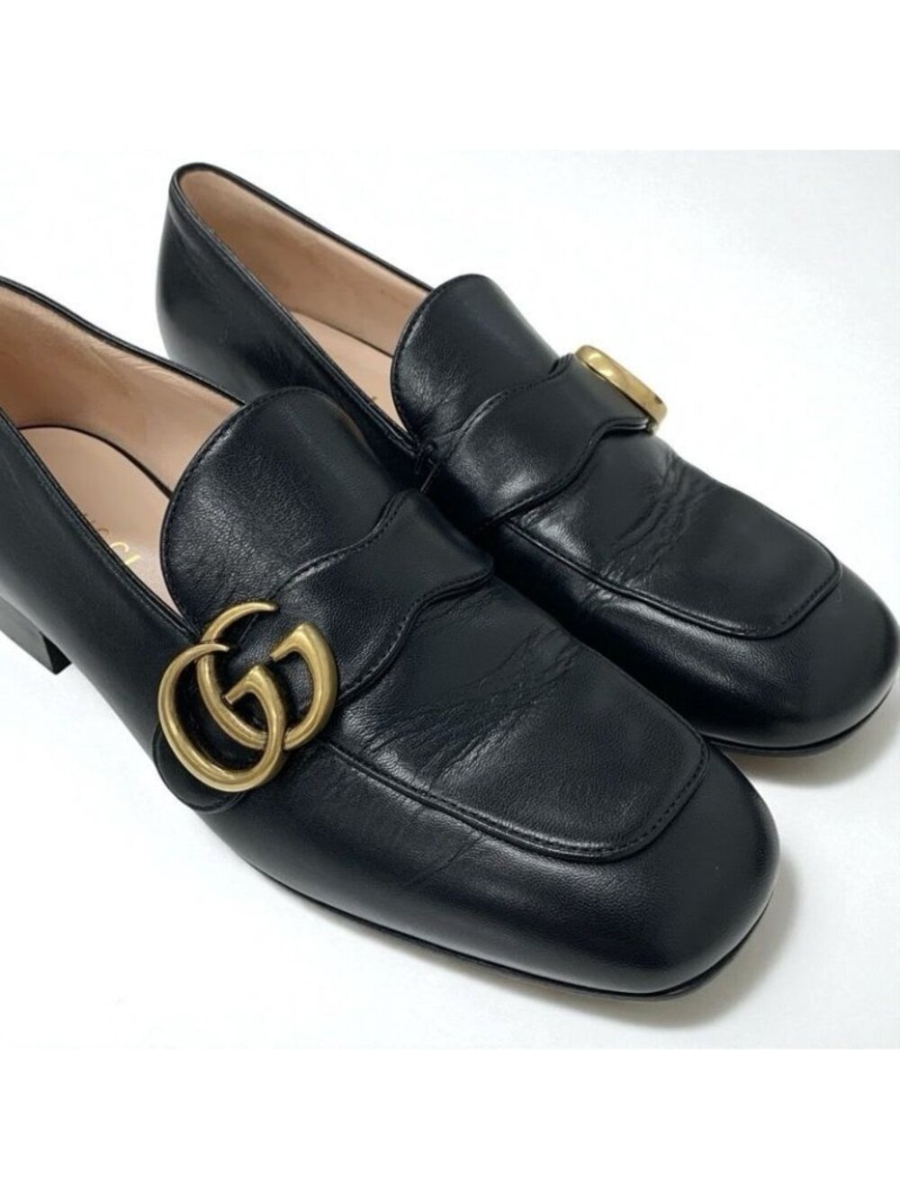 Gucci Loafer Leather Shoes Black Gold Double G GG Marmont - Picture 10 of 11